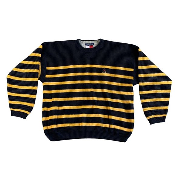 Vintage Tommy Hilfiger Sweater Mens XL Blue Yellow Striped Chunky Knit Pullover - Picture 1 of 12